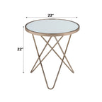 Table d'appoint ronde avec plateau en verre dépoli et finition champagne, avec base en métal en V