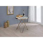 Table d'appoint ronde avec plateau en verre dépoli et finition champagne, avec base en métal en V