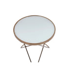 Table d'appoint ronde avec plateau en verre dépoli et finition champagne, avec base en métal en V