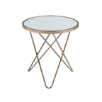 Table d'appoint ronde avec plateau en verre dépoli et finition champagne, avec base en métal en V