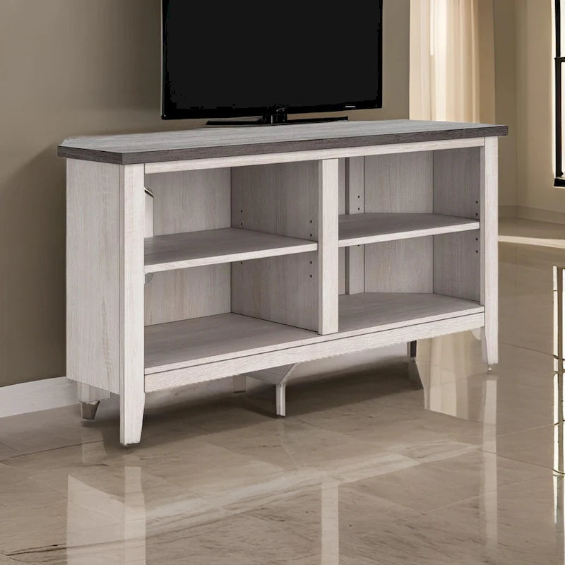 Meuble TV console, 4 étagères, gris, blanc rustique, 48 pouces