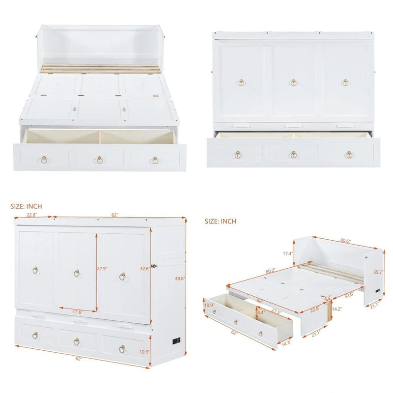Lit escamotable Queen Size en bois avec module port USB et tiroir