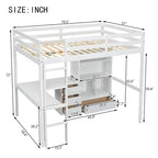Lit mezzanine en bois pleine grandeur avec bureau en L, étagères de rangement et tiroirs