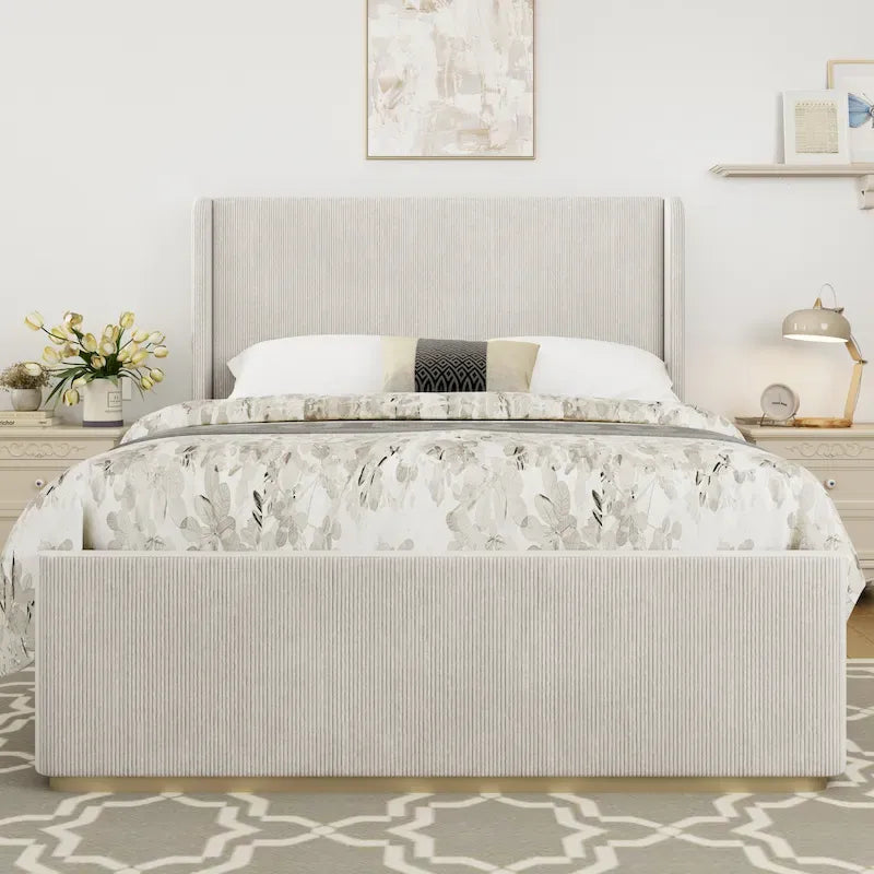 Lit king size en velours côtelé avec tête de lit capitonnée de 119 cm et cadre en métal/bois (sommier tapissier non requis)