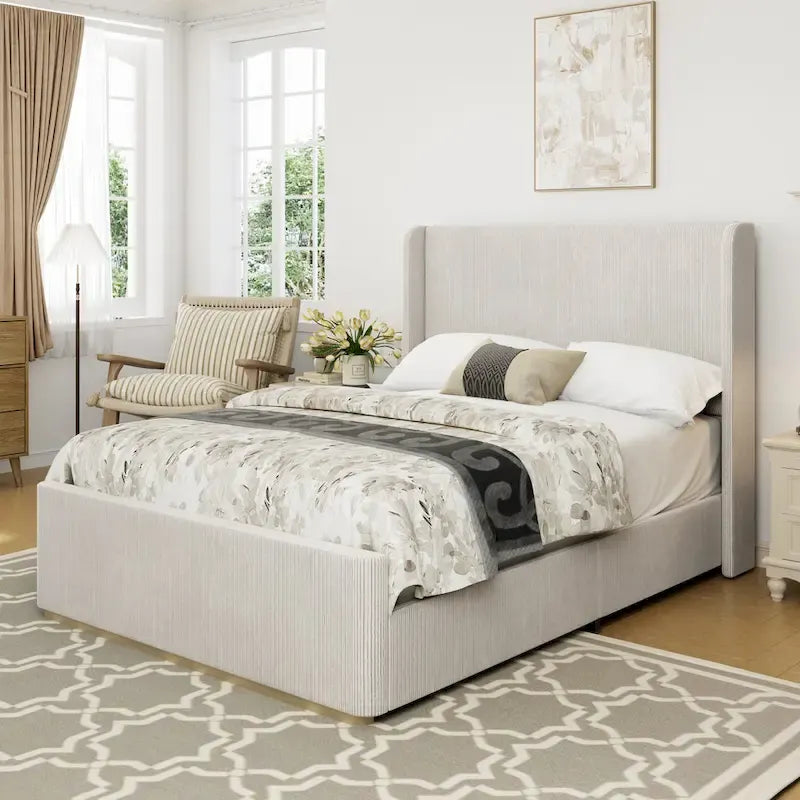 Lit king size en velours côtelé avec tête de lit capitonnée de 119 cm et cadre en métal/bois (sommier tapissier non requis)