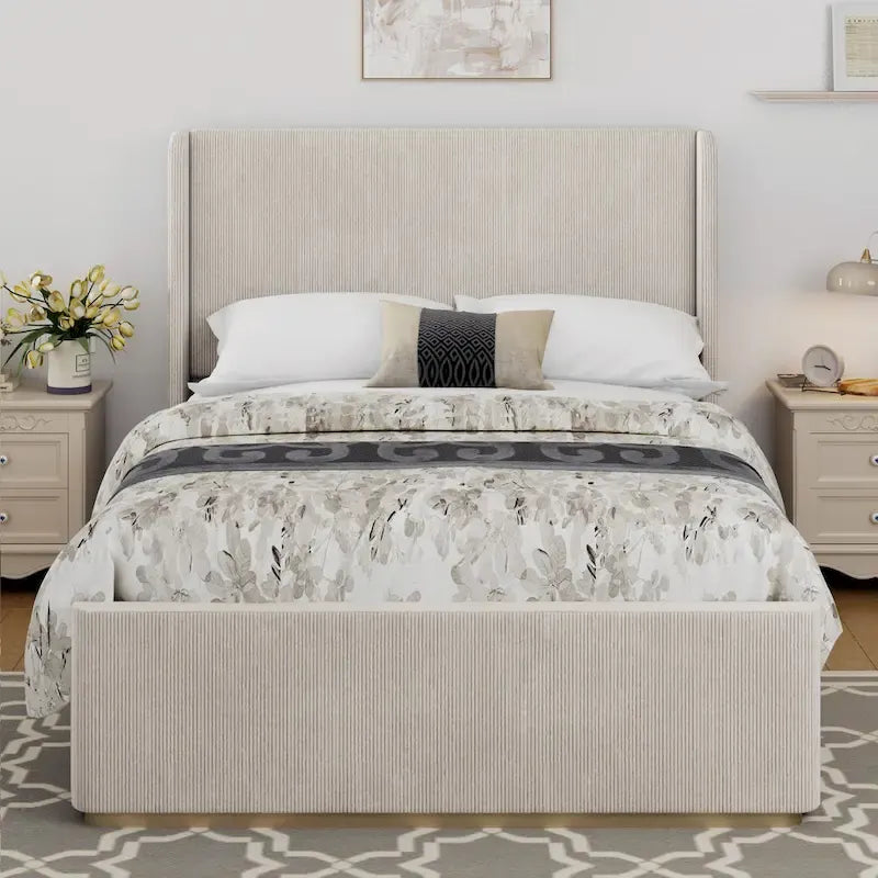 Lit king size en velours côtelé avec tête de lit capitonnée de 119 cm et cadre en métal/bois (sommier tapissier non requis)
