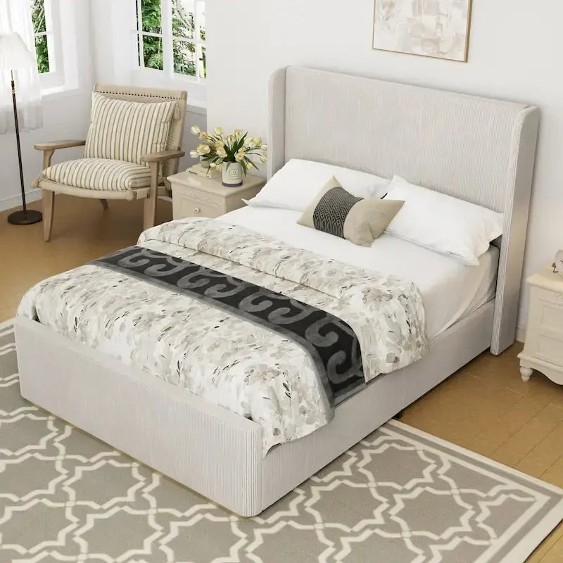 Lit king size en velours côtelé avec tête de lit capitonnée de 119 cm et cadre en métal/bois (sommier tapissier non requis)