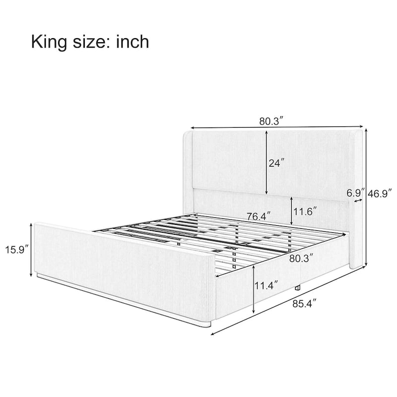 Lit king size en velours côtelé avec tête de lit capitonnée de 119 cm et cadre en métal/bois (sommier tapissier non requis)