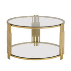 Table basse en verre trempé de 31,5 po avec motif métallique asymétrique et étagère inférieure