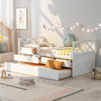Lit de repos double en pin blanc avec tiroirs et lit gigogne