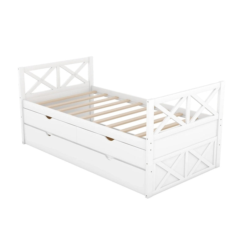 Lit de repos double en pin blanc avec tiroirs et lit gigogne