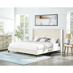 Lit plateforme style Queen Size beige avec tête de lit capitonnée en velours