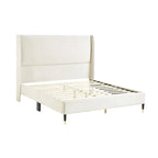 Lit plateforme style Queen Size beige avec tête de lit capitonnée en velours