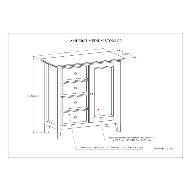 Bahut de rangement de style transitionnel en bois massif, 37 po de largeur - 37 larg. x 17 prof. x 36 haut.