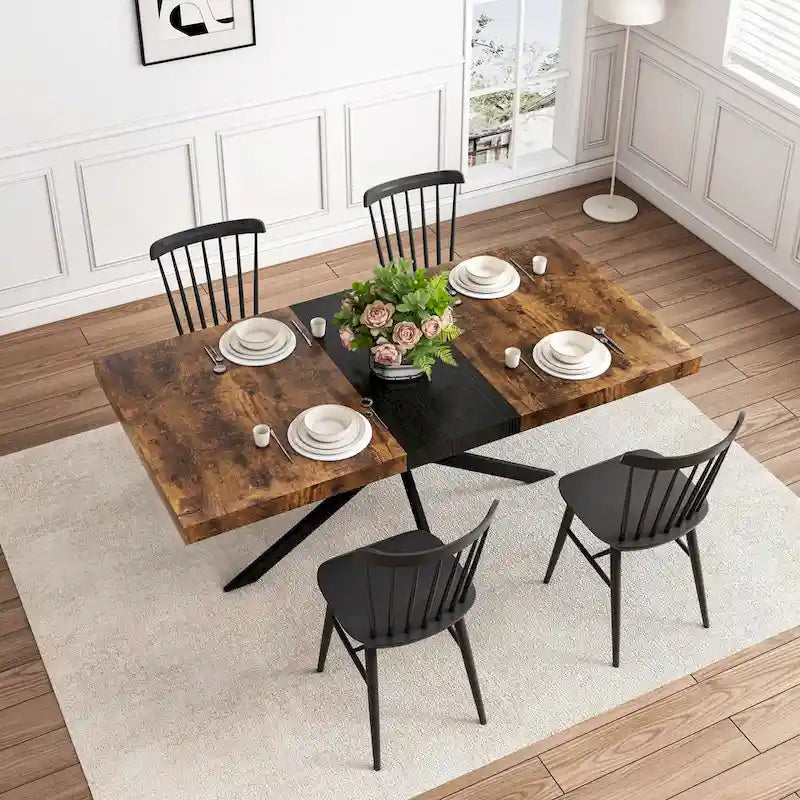 Table de salle à manger rectangulaire rétro avec plateau et plaque centrale noire embossée