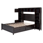 Lit double en bois avec armoire et étagère intégrées, expresso