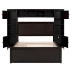 Lit double en bois avec armoire et étagère intégrées, expresso