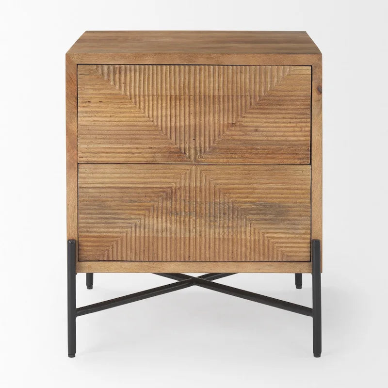 Table d'appoint 2 tiroirs en bois massif marron clair avec cadre en fer noir - 22L x 22P x 26H