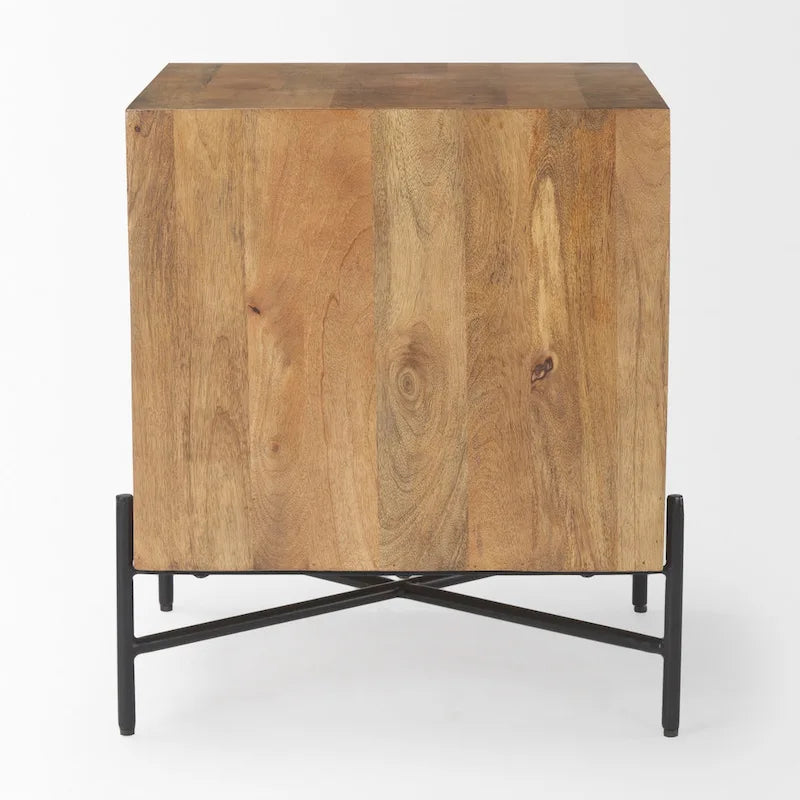 Table d'appoint 2 tiroirs en bois massif marron clair avec cadre en fer noir - 22L x 22P x 26H