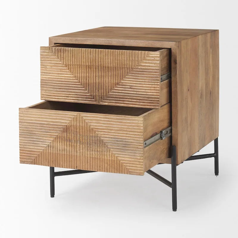 Table d'appoint 2 tiroirs en bois massif marron clair avec cadre en fer noir - 22L x 22P x 26H