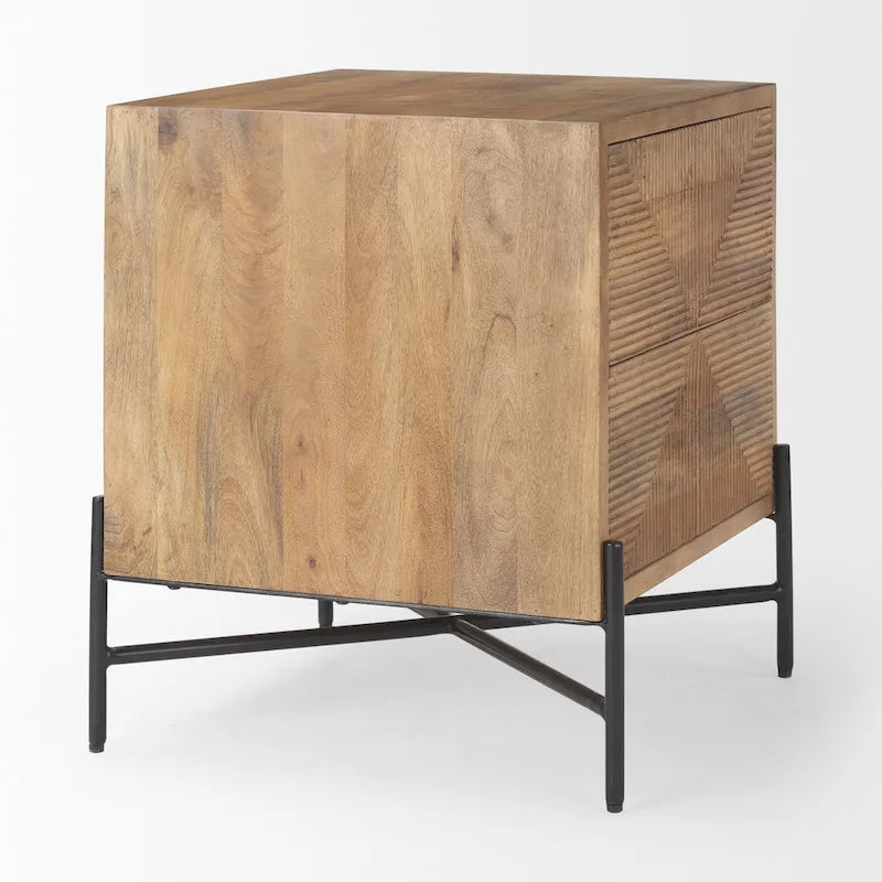 Table d'appoint 2 tiroirs en bois massif marron clair avec cadre en fer noir - 22L x 22P x 26H